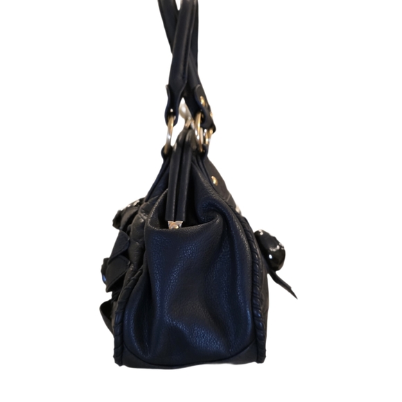 Isabella Fiore Black Leather Kiss-Lock Satchel / Crossbody with 3D Rosettes - Picture 6 of 16